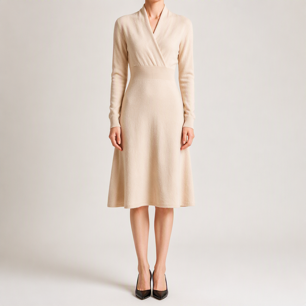 Genevieve | Womens Cashmere Knitted V Neck Midi Jumper Wedding Guest Dresses, Light Beige