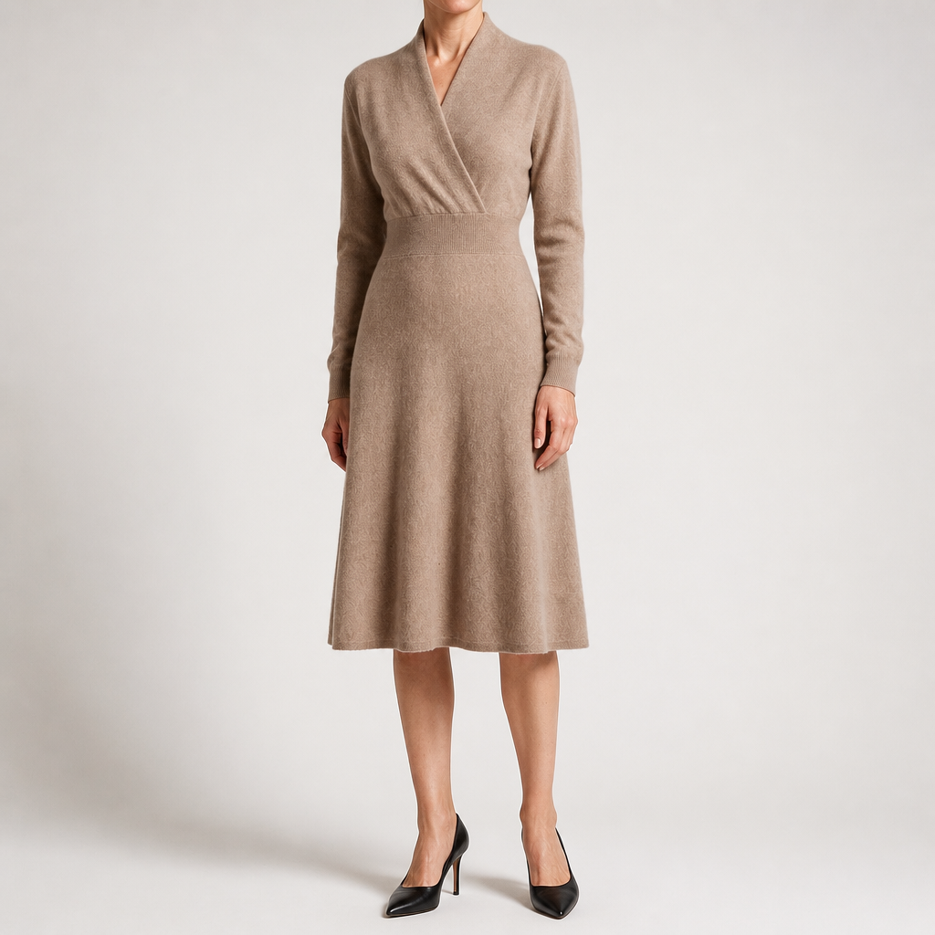Genevieve | Womens Cashmere Knitted V Neck Midi Jumper Wedding Guest Dresses, Natural Cashmere