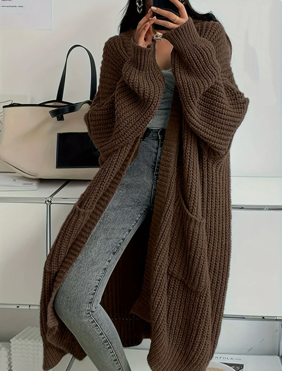 Genevieve | Womens Long Knitted Loose Thickened Winter Ladies Cardigan - Brown