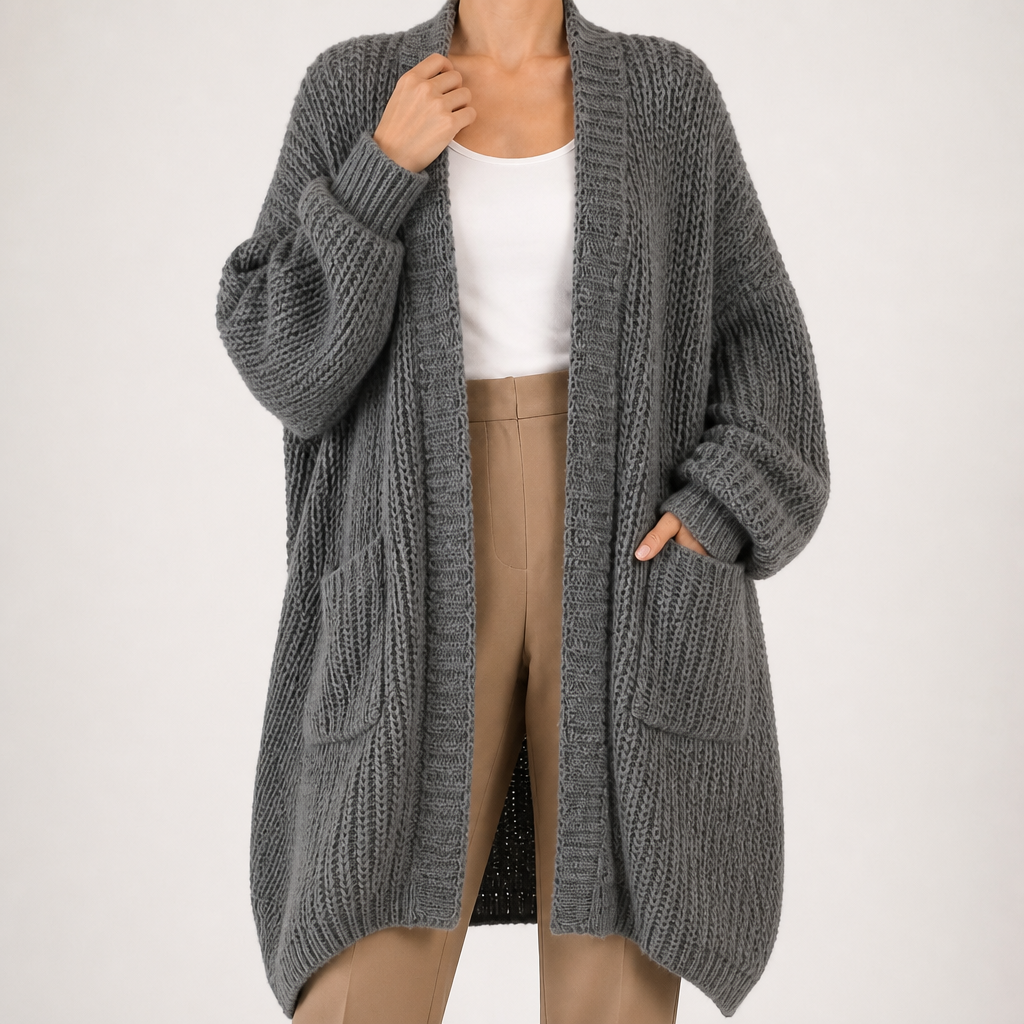 Genevieve | Womens Long Knitted Loose Thickened Winter Ladies Cardigan, Dark Grey