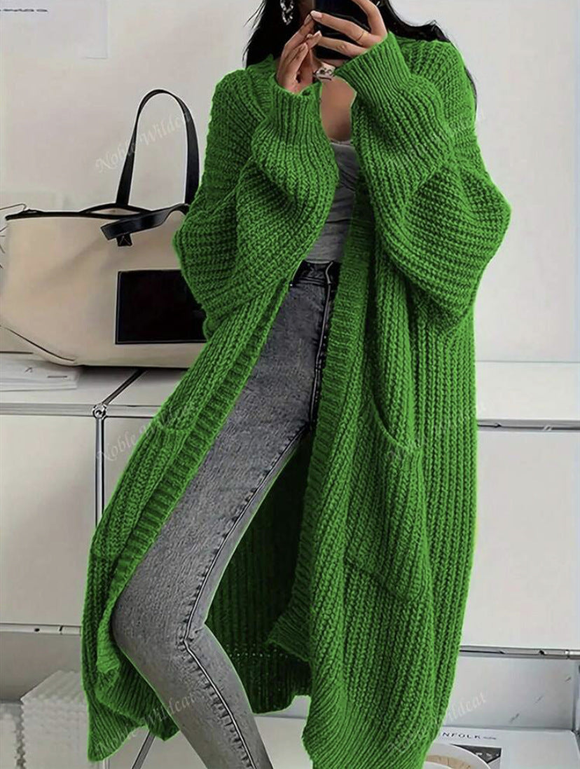 Genevieve | Womens Long Knitted Loose Thickened Winter Ladies Cardigan - Green