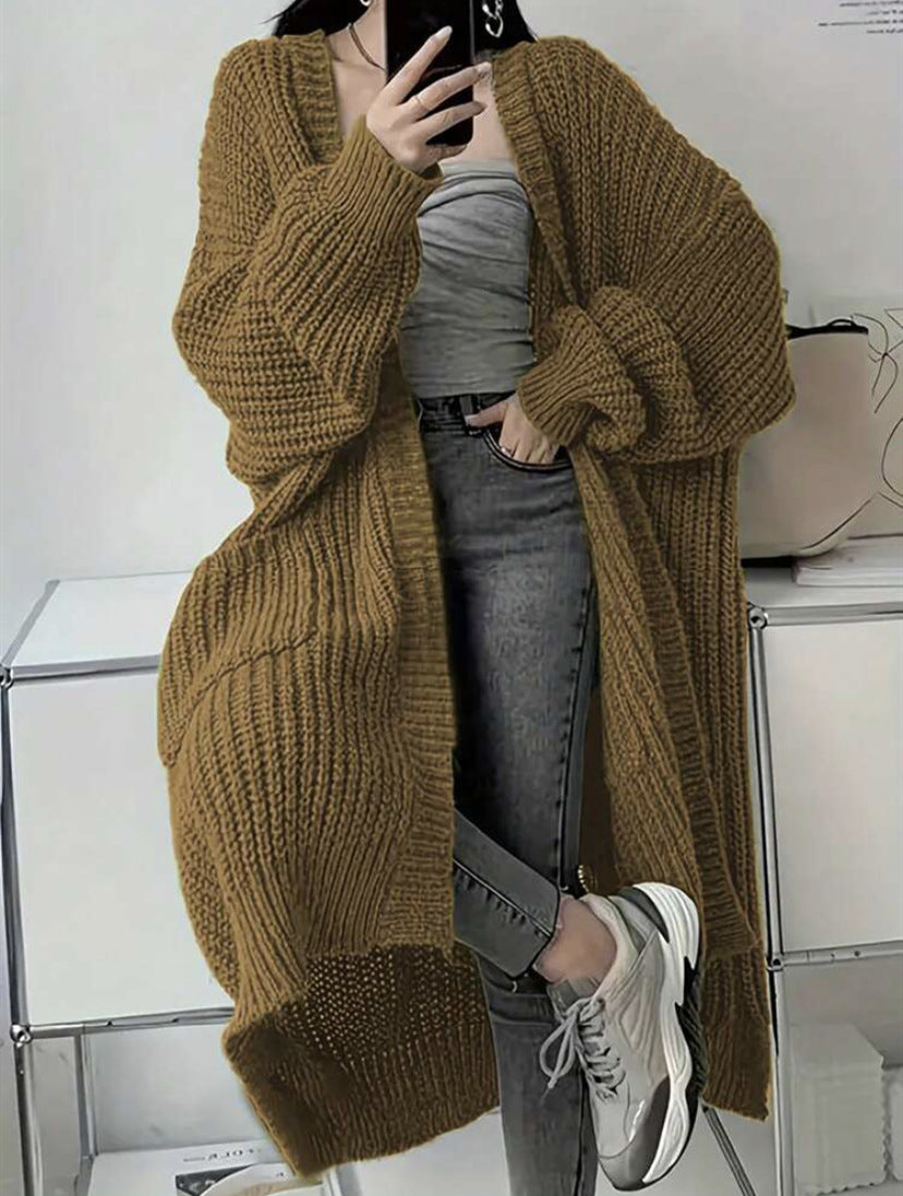 Genevieve | Womens Long Knitted Loose Thickened Winter Ladies Cardigan - Khaki