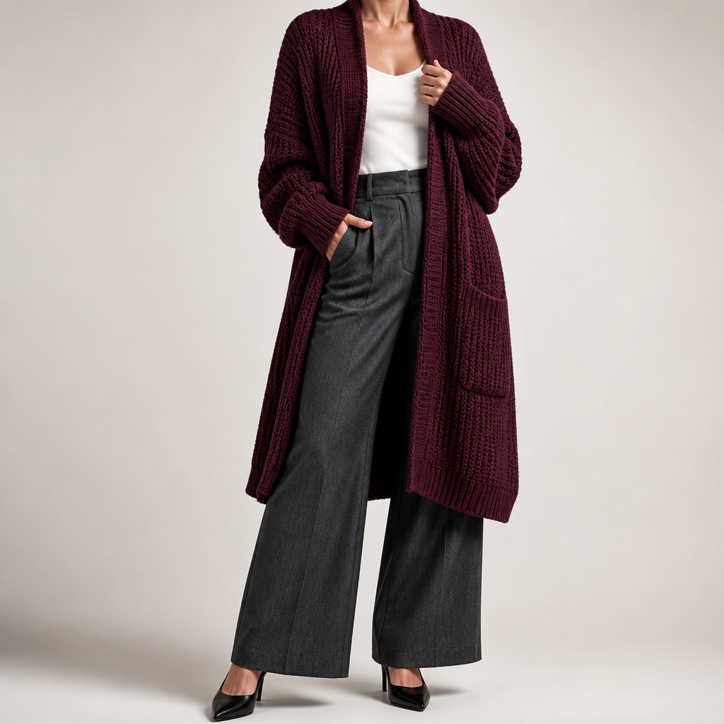 Genevieve | Womens Long Knitted Loose Thickened Winter Ladies Cardigan, Wine Red