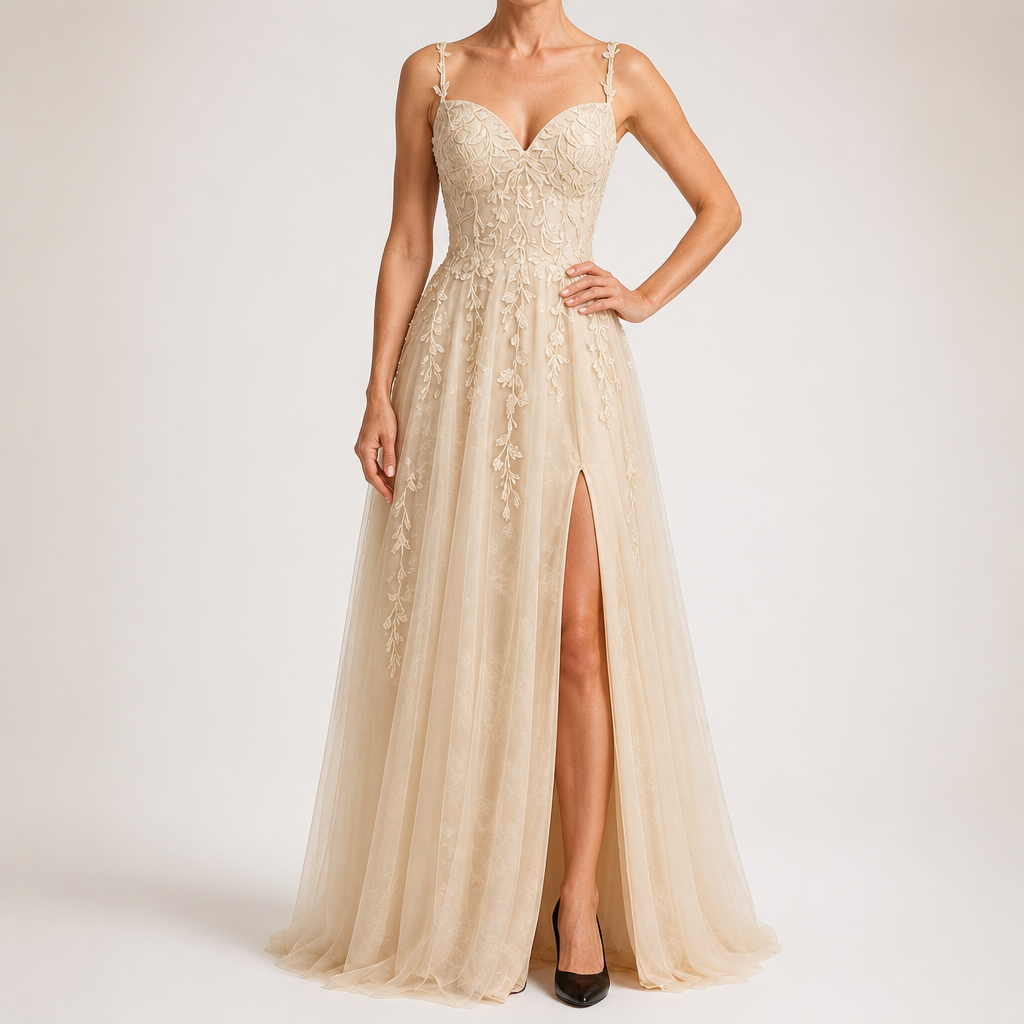 Genevieve | Womens Prom Formal Evening Gown Maxi Wedding Guest Cocktail Dresses, Champagne