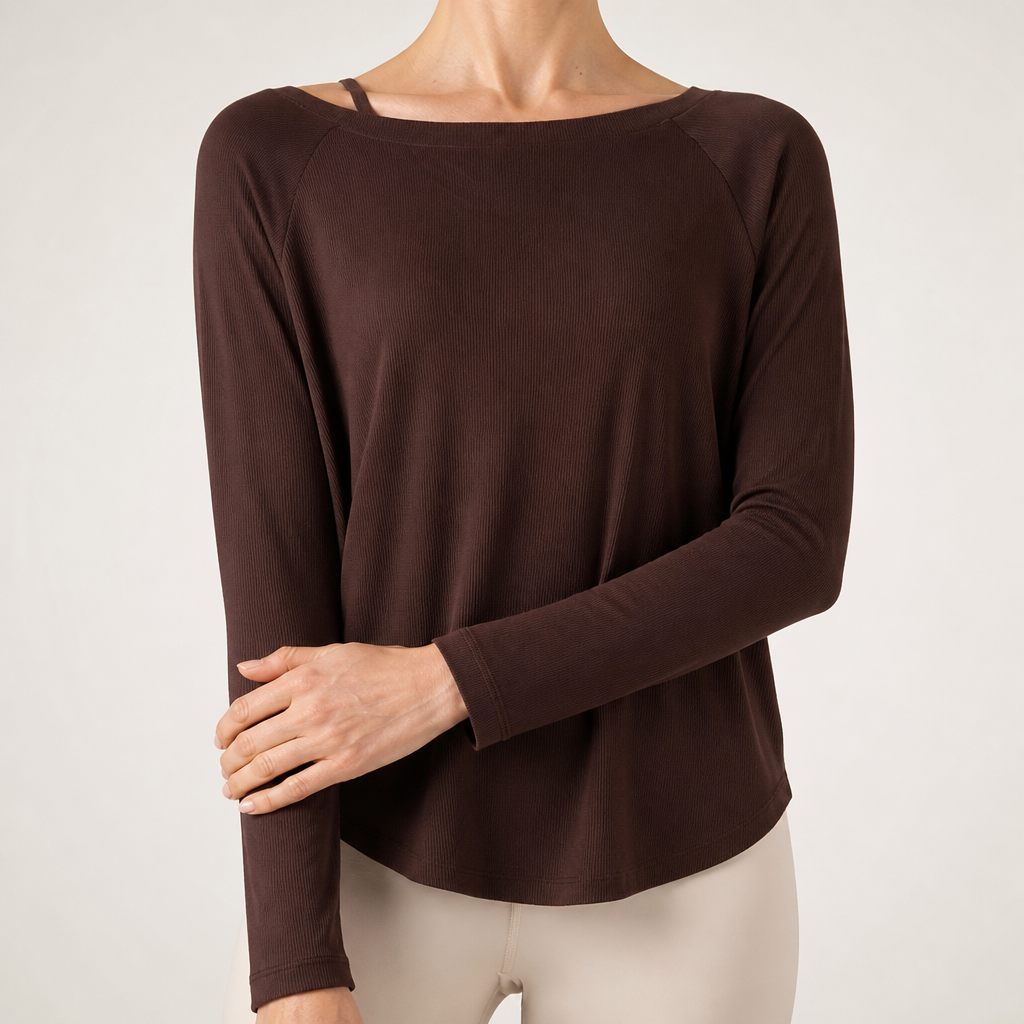 Genevieve | Womens Yoga Top Ribbed Off Shoulder Long Sleeve Fitness Top, Design 3