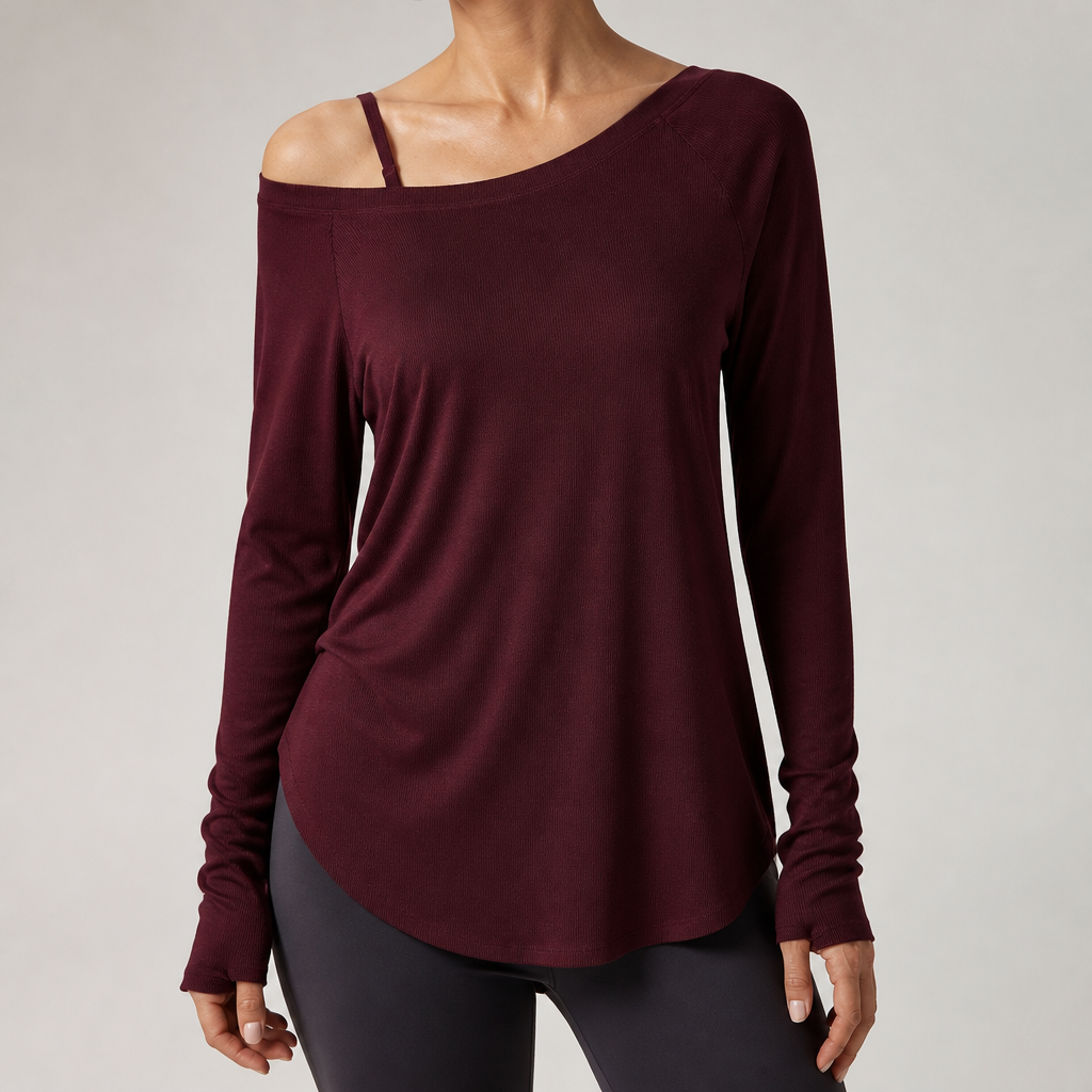 Genevieve | Womens Yoga Top Ribbed Off Shoulder Long Sleeve Fitness Top, Design 4