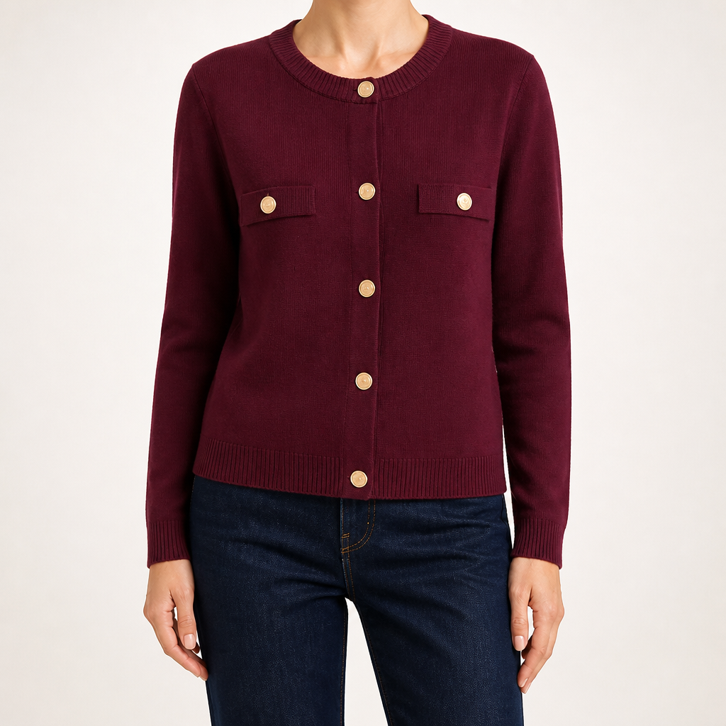 Georgina | Womens Cardigan Knit Gold Button Soft Knitted Cardigan, Wine Red