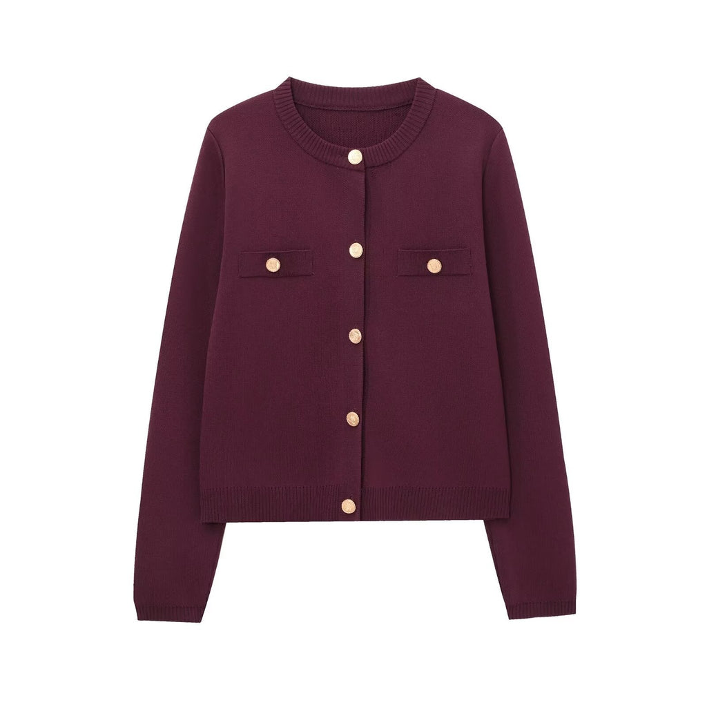 Georgina | Womens Gold Button Knit Jacket - Wine Red