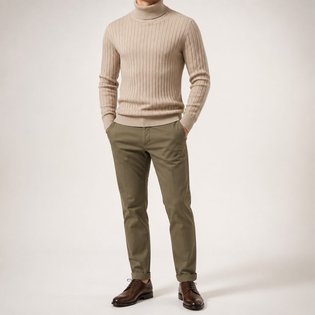 Gideon | Mens Knitted Jumper Roll Neck Pullover Warm Winter Sweater, Apricot