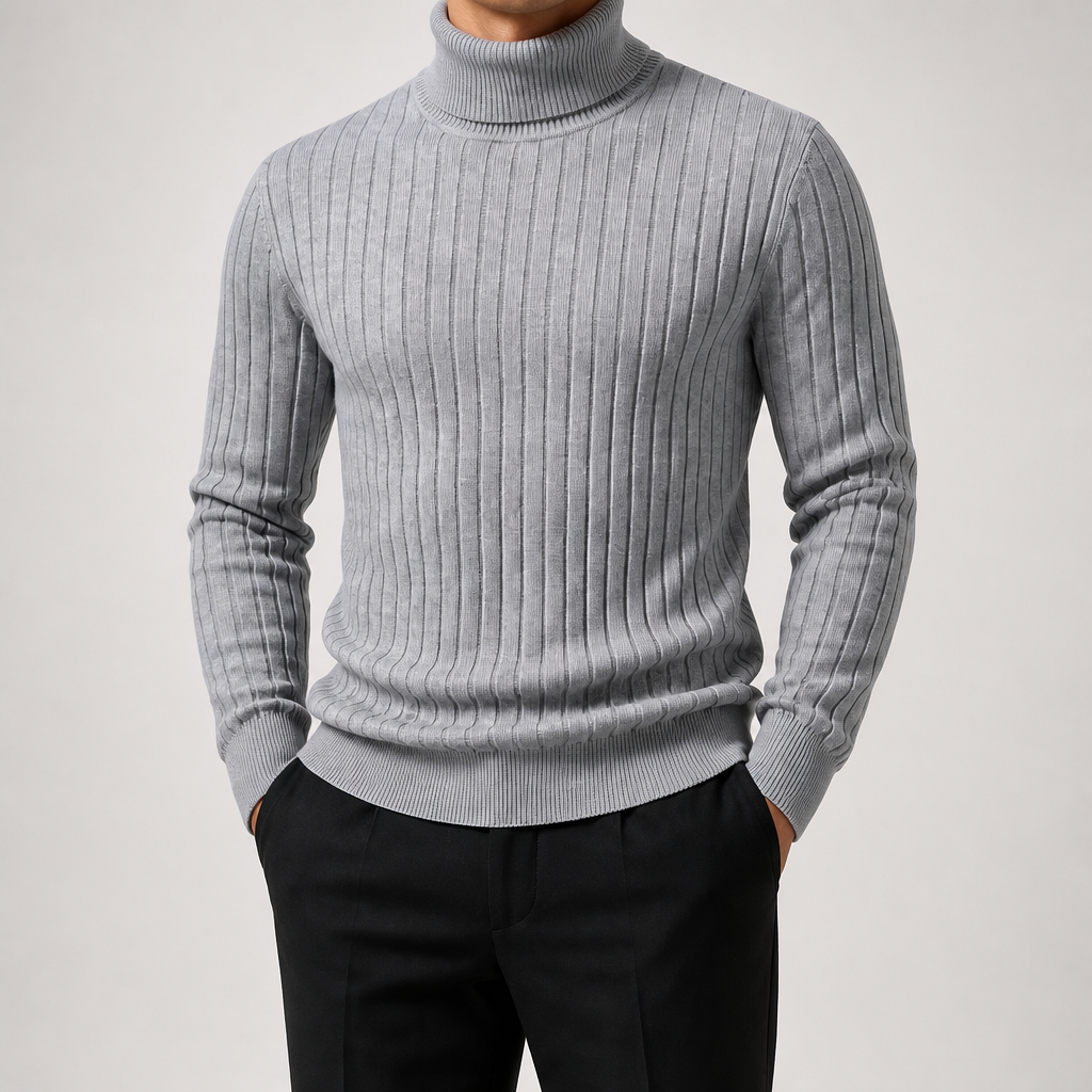 Gideon | Mens Knitted Jumper Roll Neck Pullover Warm Winter Sweater, Light Grey