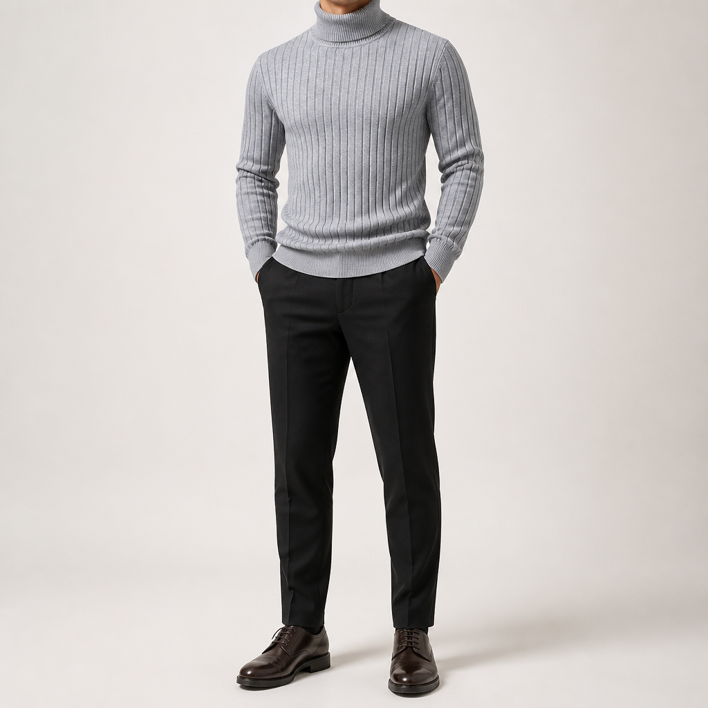 Gideon | Mens Knitted Jumper Roll Neck Pullover Warm Winter Sweater, Light Grey