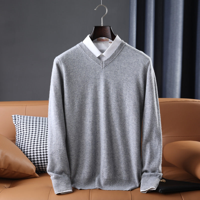 Gideon | Mens V Neck Loose Knitted Jumper - Light Grey V Neck