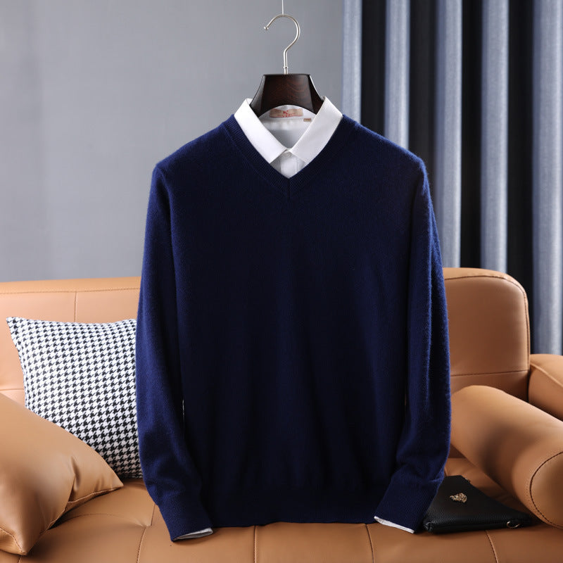 Gideon | Mens V Neck Loose Knitted Jumper - Navy Blue V Neck