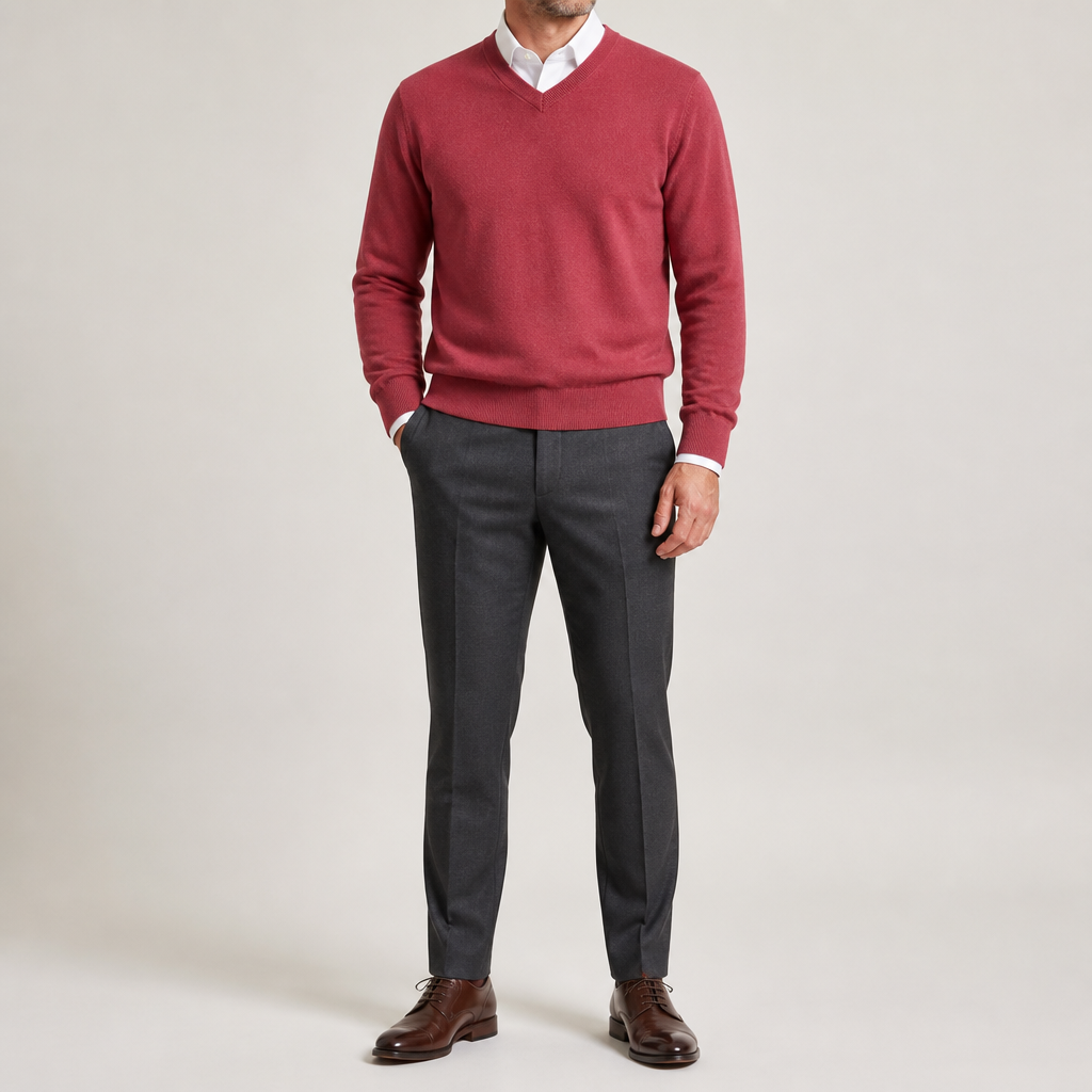 Gideon | Mens V Neck Knitted Jumper Loose Knit Sweater, Red