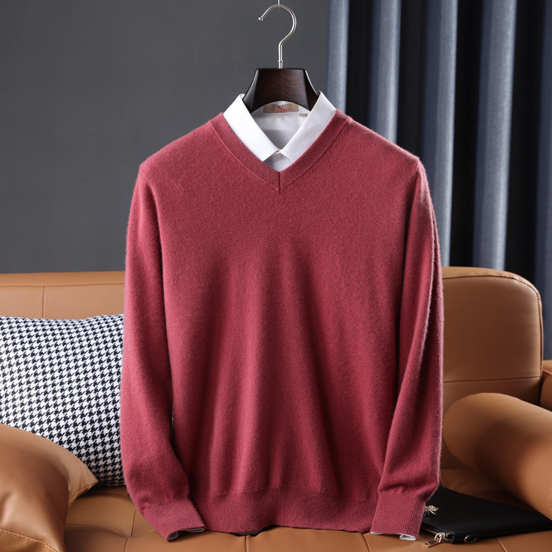 Gideon | Mens V Neck Loose Knitted Jumper - Red