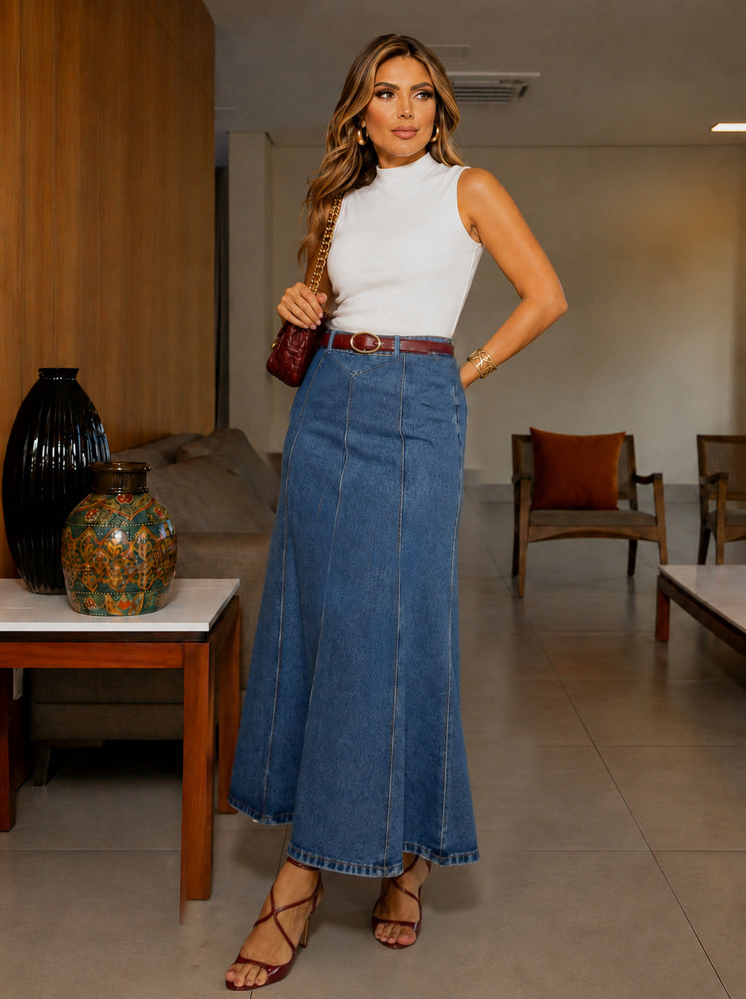 Greer | Womens High Waisted Long Denim Maxi Skirt - 4