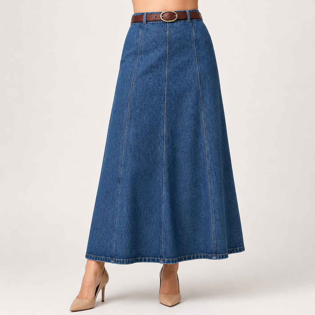 Greer | Womens High Waisted Long Denim Maxi Skirt, Dark Blue