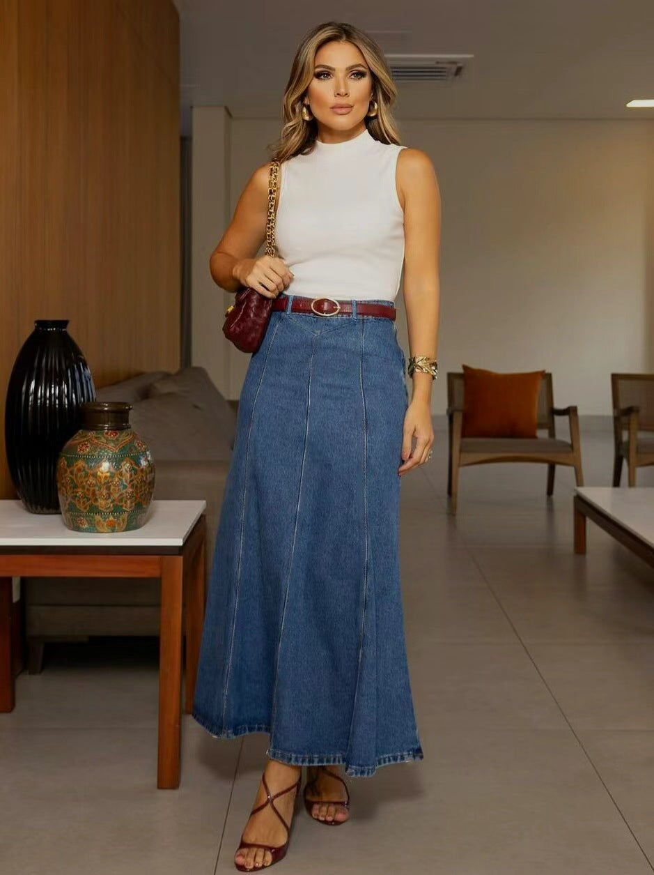 Greer | Womens High Waisted Long Denim Maxi Skirt - Dark Blue
