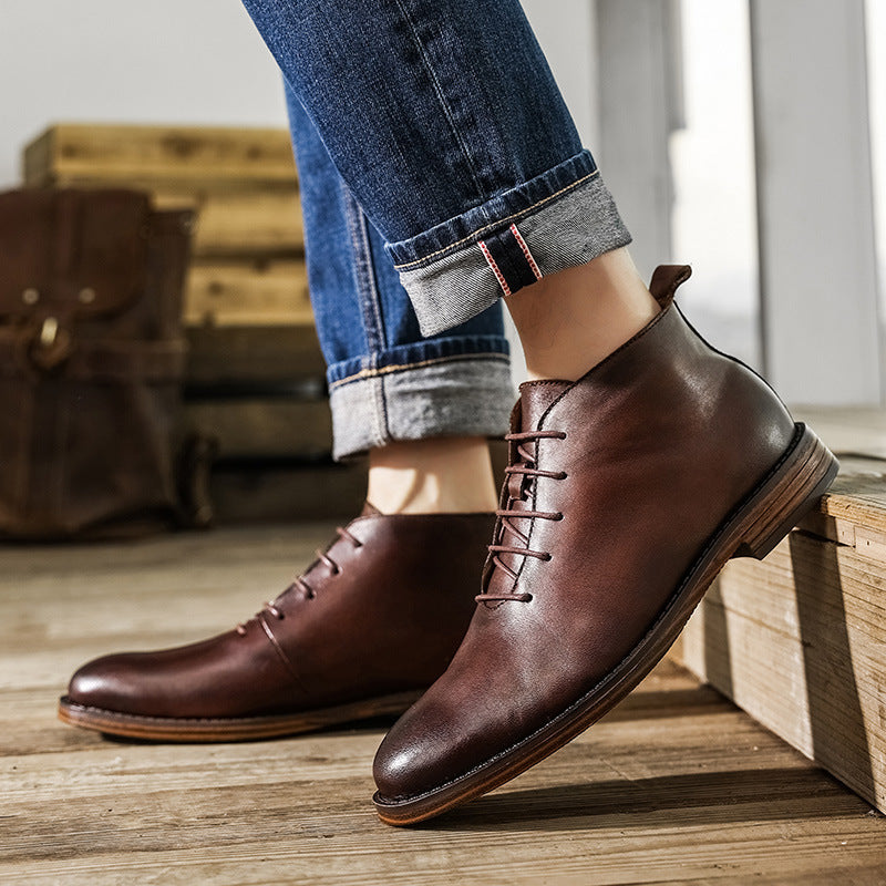 Harlow | Mens Retro Lace Up Leather Ankle Boots - Brown