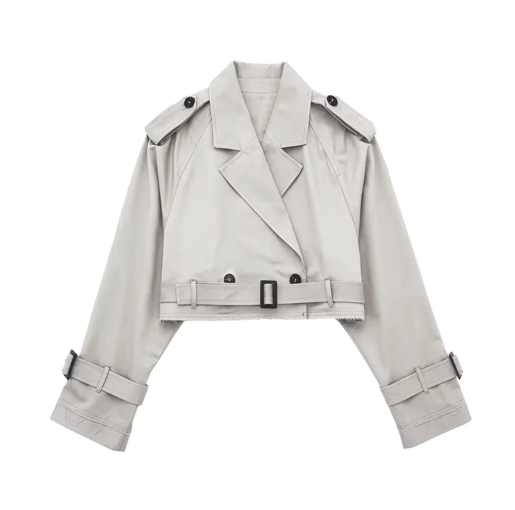 Hattie | Womens Cropped Belted Trench Coat, Light Grey