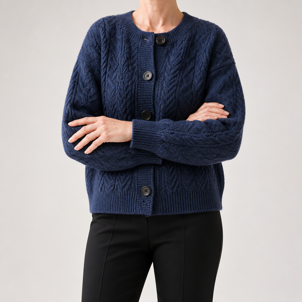 Hazel | Womens Cable Knit Wool Blend Chunky Cardigan, Navy Blue
