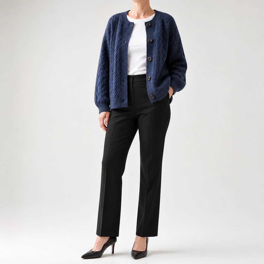 Hazel | Womens Cable Knit Wool Blend Chunky Cardigan, Navy Blue