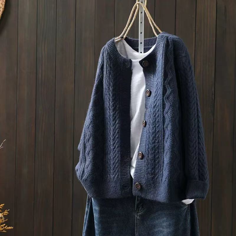 Hazel | Womens Cable Knit Wool Blend Cardigan, Navy Blue