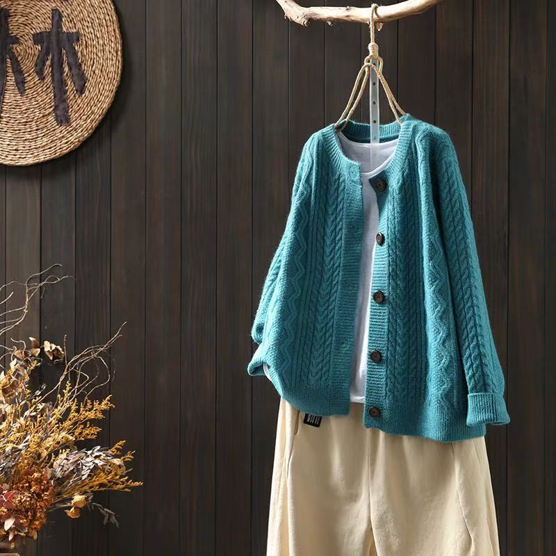 Hazel | Womens Cable Knit Wool Blend Cardigan, Peacock Blue