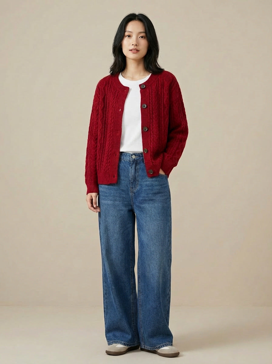 Hazel | Womens Cable Knit Wool Blend Cardigan, Red