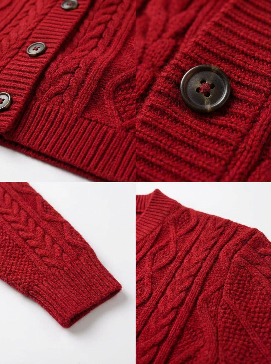 Hazel | Womens Cable Knit Wool Blend Cardigan, Red