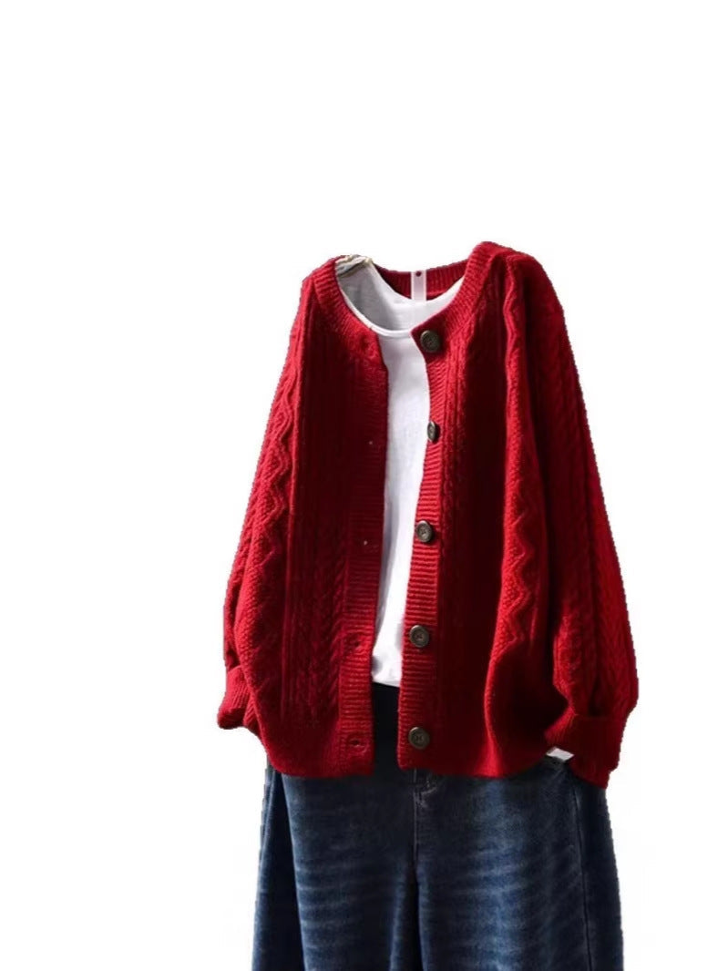 Hazel | Womens Cable Knit Wool Blend Cardigan, Red