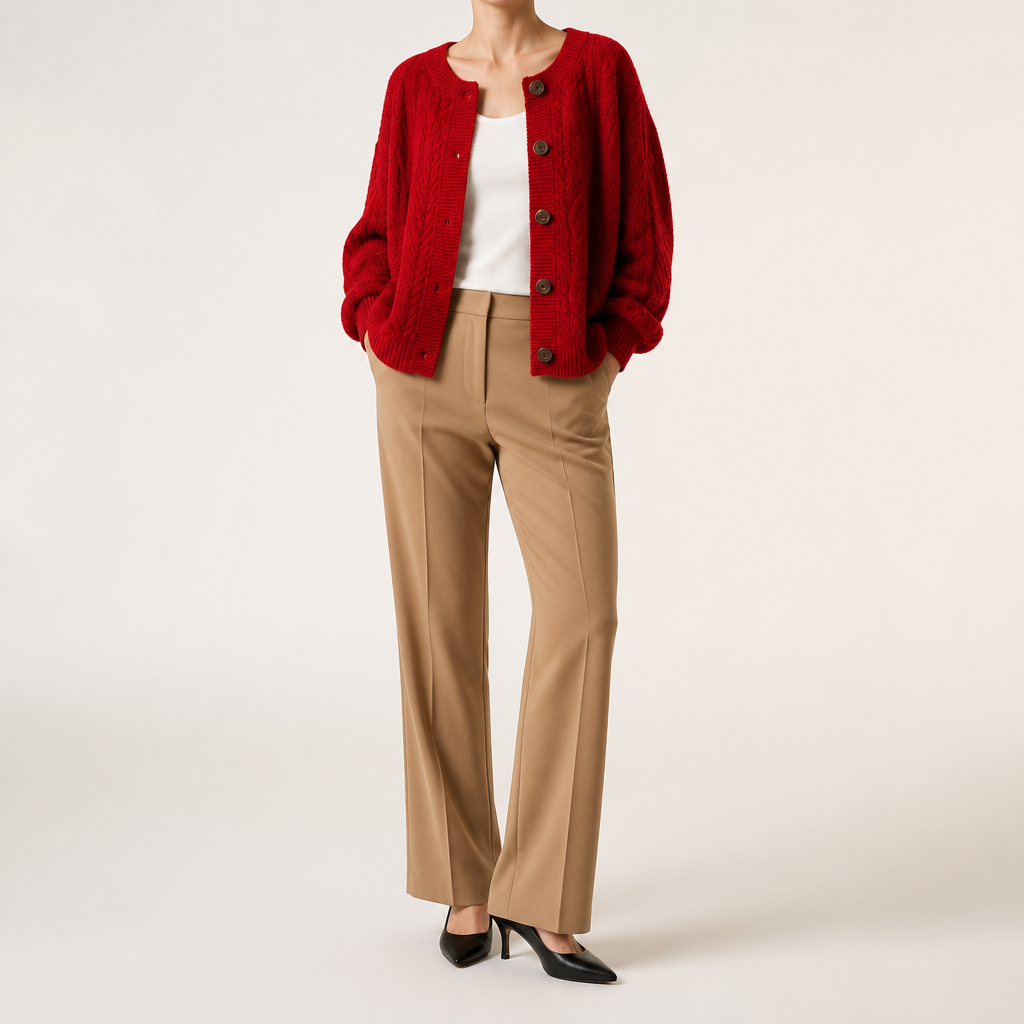 Hazel | Womens Cable Knit Wool Blend Chunky Cardigan, Red