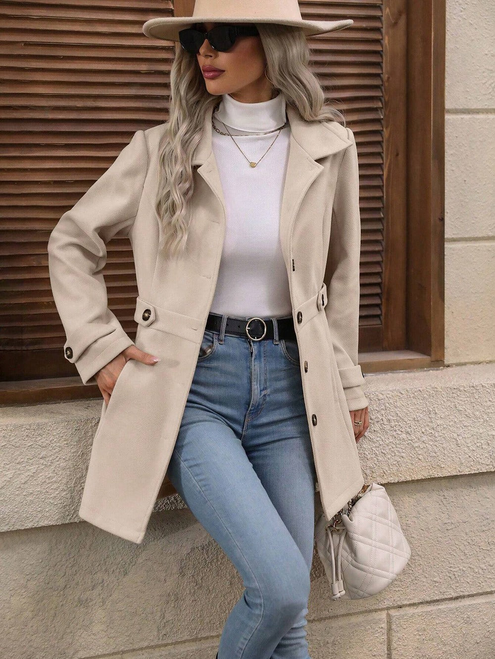 Helena | Womens Slim Fit Button Front Winter Coat, Apricot