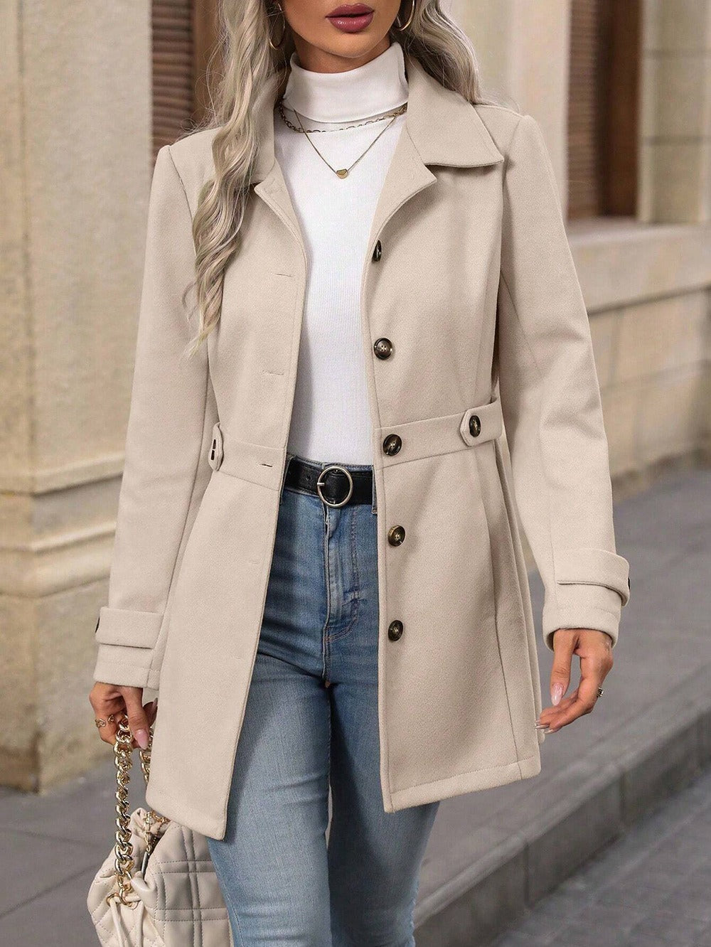 Helena | Womens Slim Fit Button Front Winter Coat, Apricot