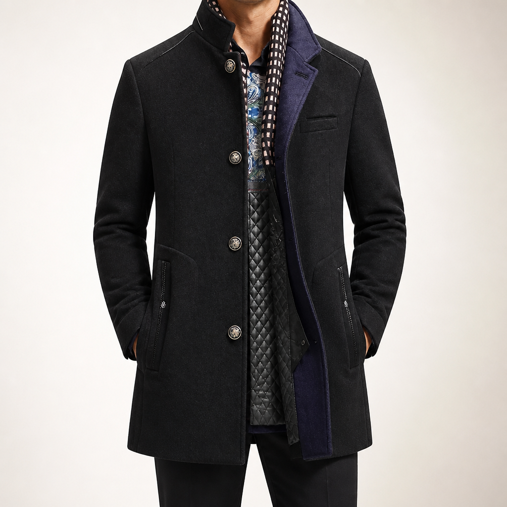 Hollis | Mens Wool Blend Scarf Collar Winter Coat, Black