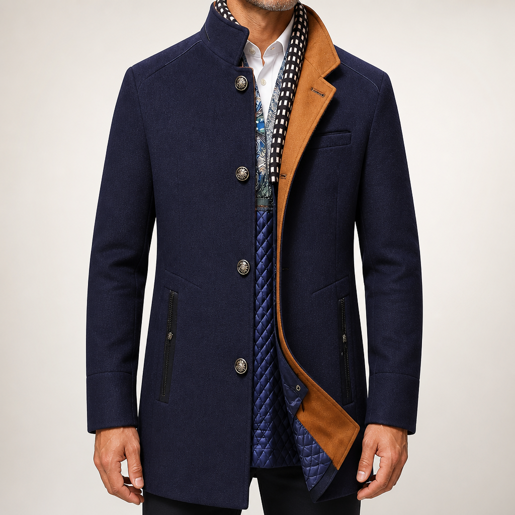 Hollis | Mens Wool Blend Scarf Collar Winter Coat, Navy Blue