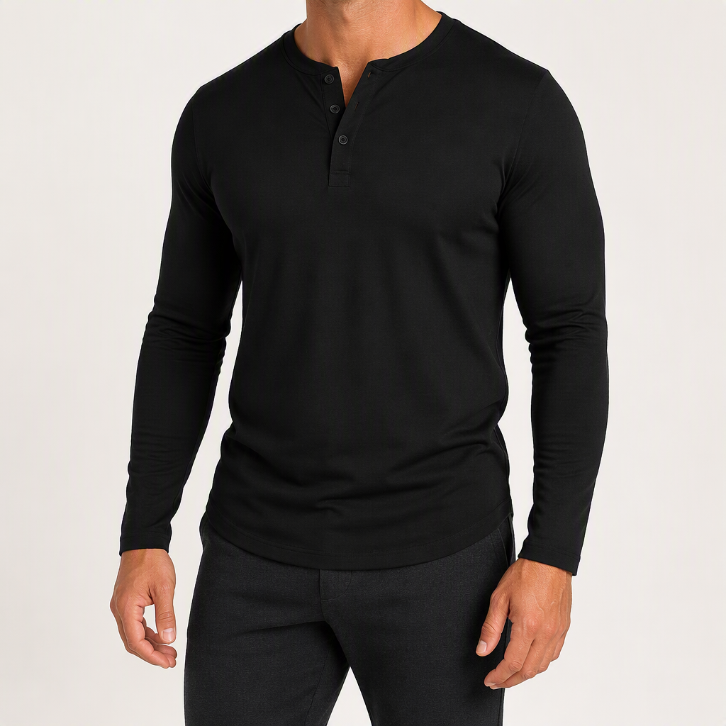 Holt | Mens Henley Long Sleeve Vintage Fitted Cotton Top, Black