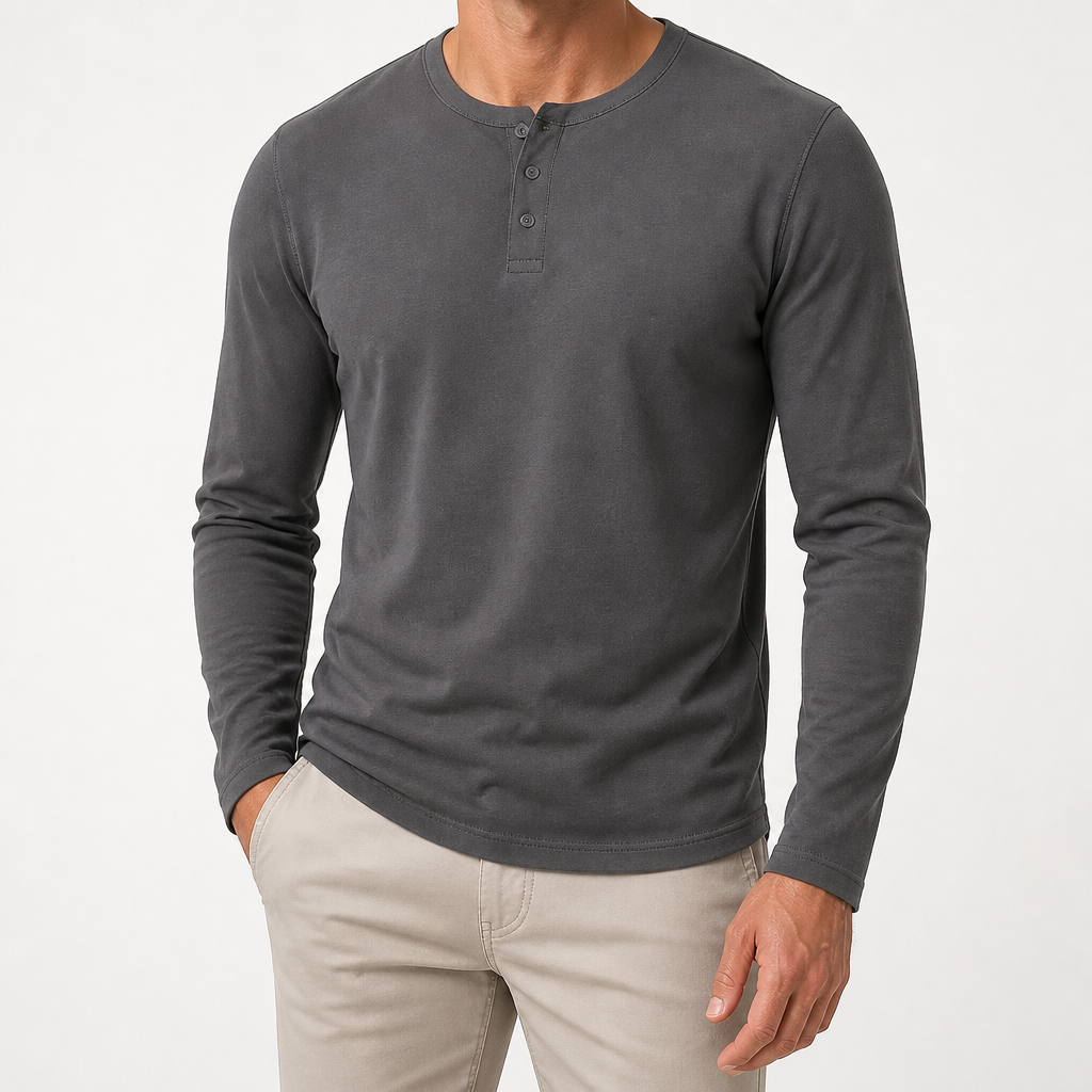 Holt | Mens Henley Long Sleeve Vintage Fitted Cotton Top, Dark Grey
