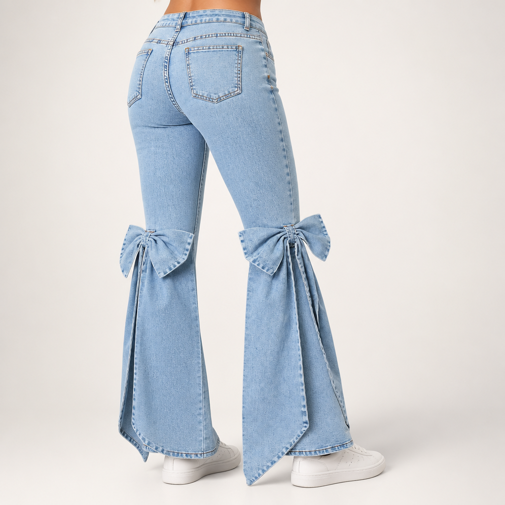 Imogen | Womens Jeans Flare High Waisted Bow Wide Leg Denim, Light Blue