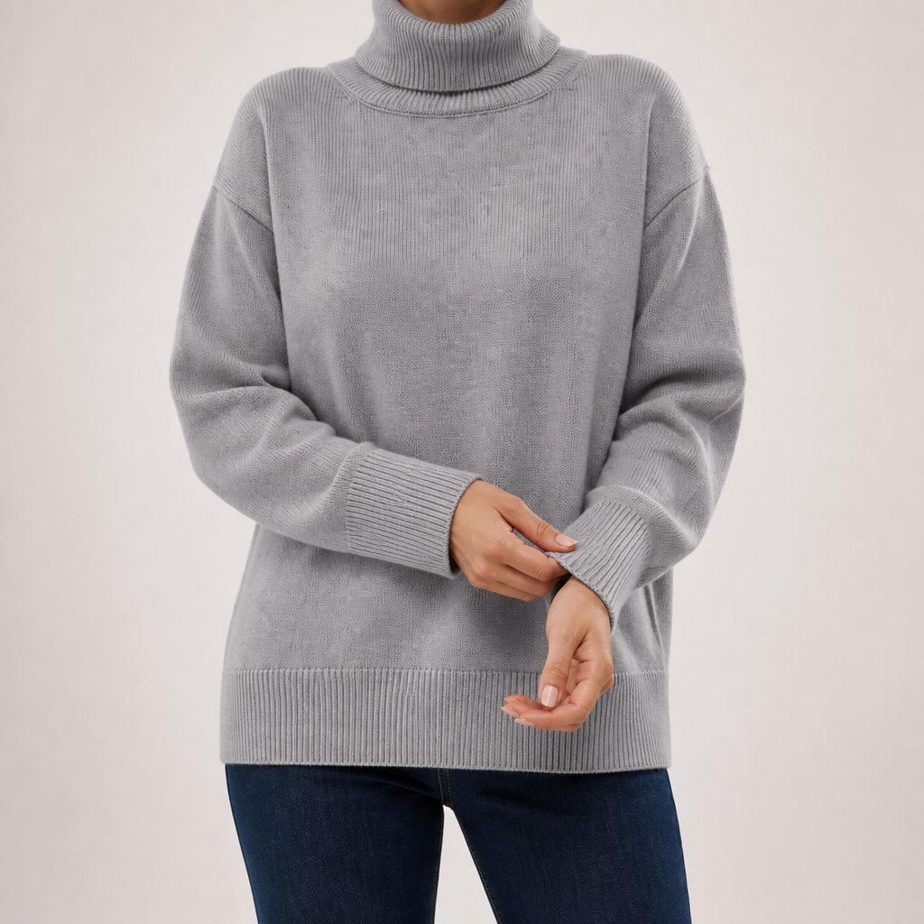 Ingrid | Womens Turtleneck Knitted Long Sleeve Jumper Sweater, Grey