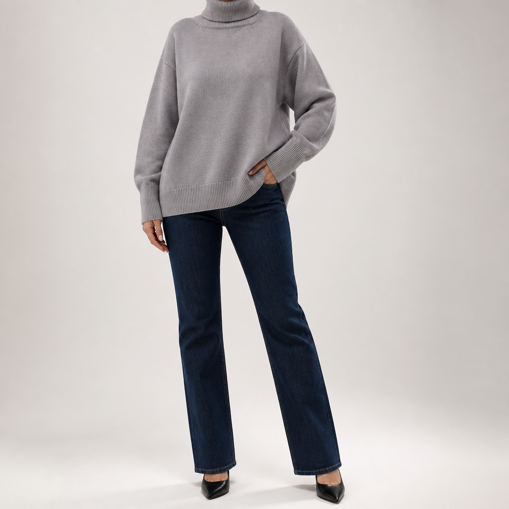 Ingrid | Womens Turtleneck Knitted Long Sleeve Jumper Sweater, Grey
