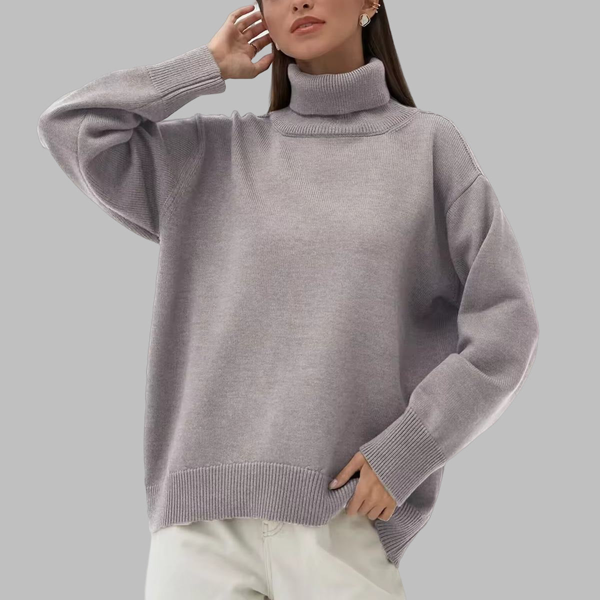 Ingrid | Womens Turtleneck Knitted Jumper - Grey