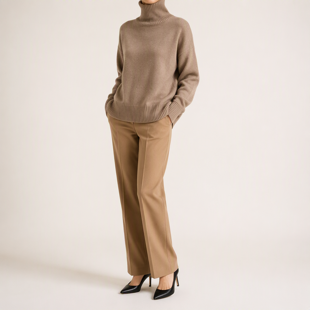 Ingrid | Womens Turtleneck Knitted Long Sleeve Jumper Sweater, Khaki