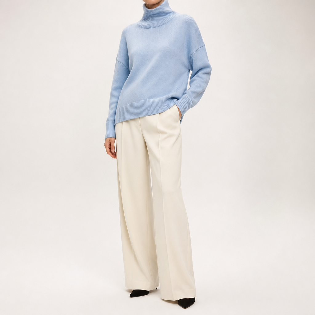 Ingrid | Womens Turtleneck Knitted Long Sleeve Jumper Sweater, Light Blue