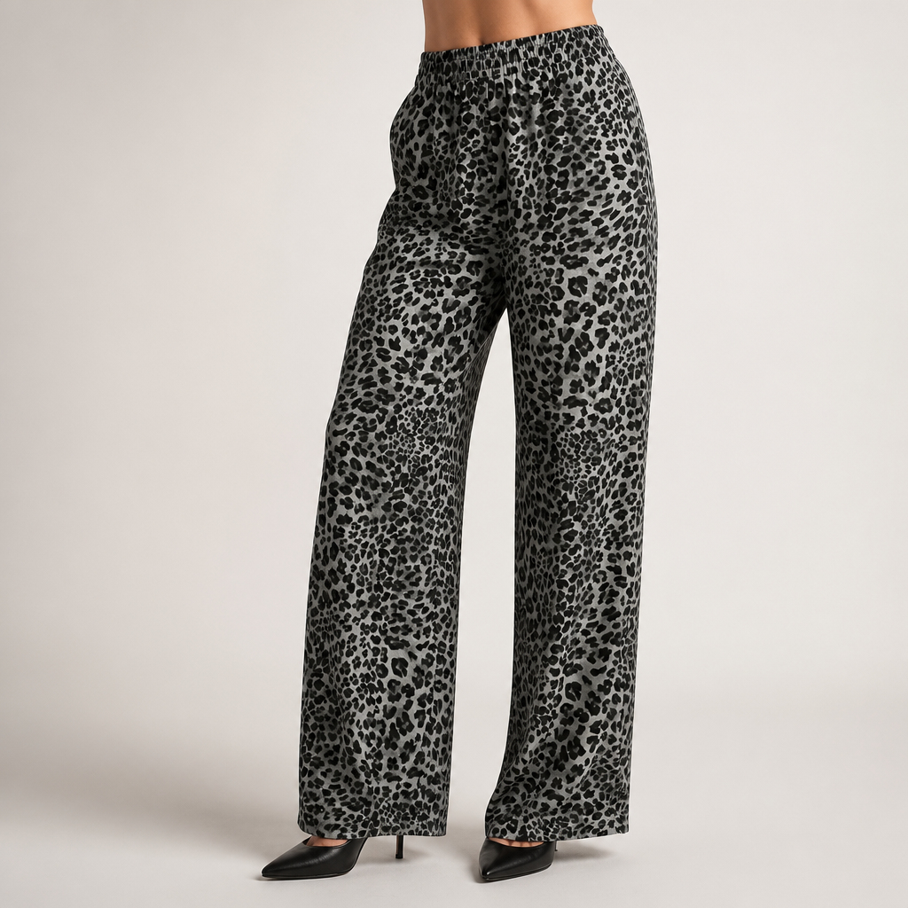 Iris | Womens Wide Leg Trousers Leopard Print High Waisted Palazzo Casual Pants, Dark Gray