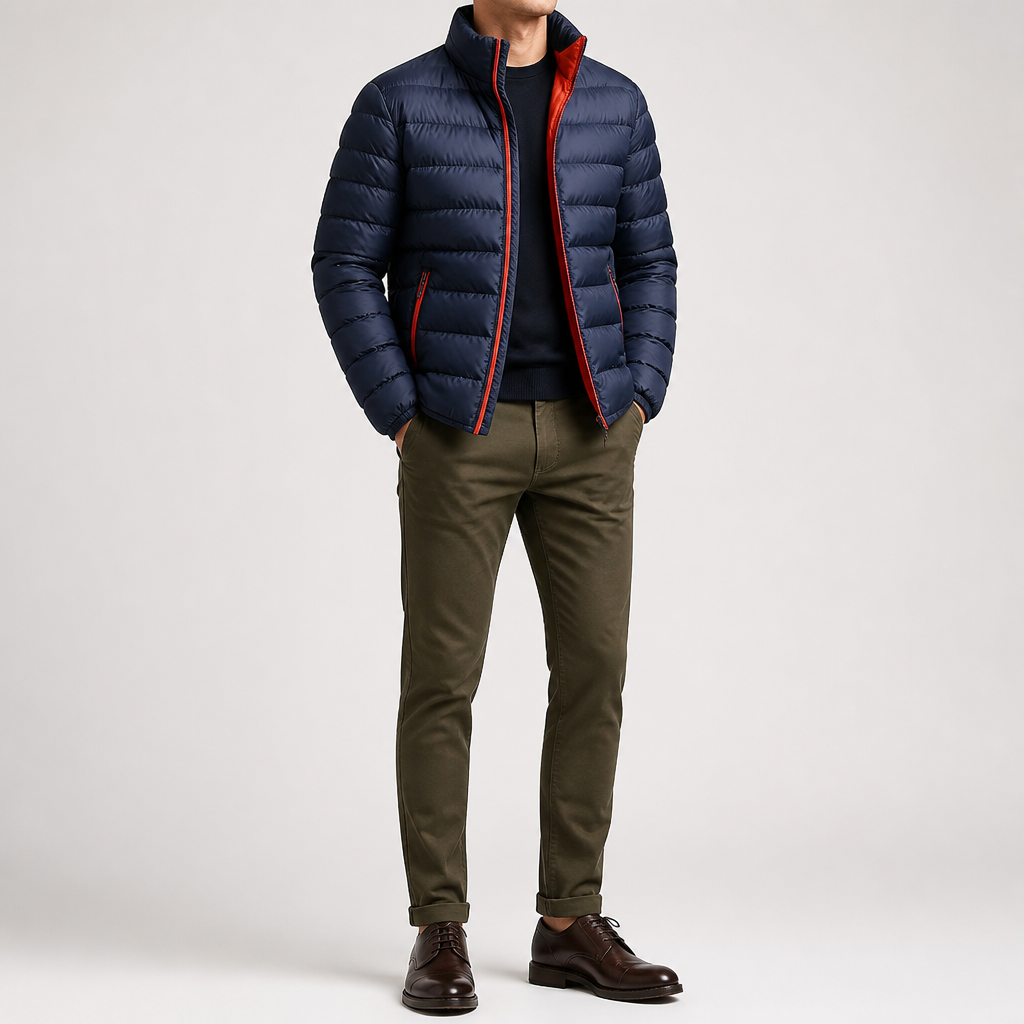 Isidore | Mens Warm Zip Stand Collar Winter Cotton Cardigan, Navy