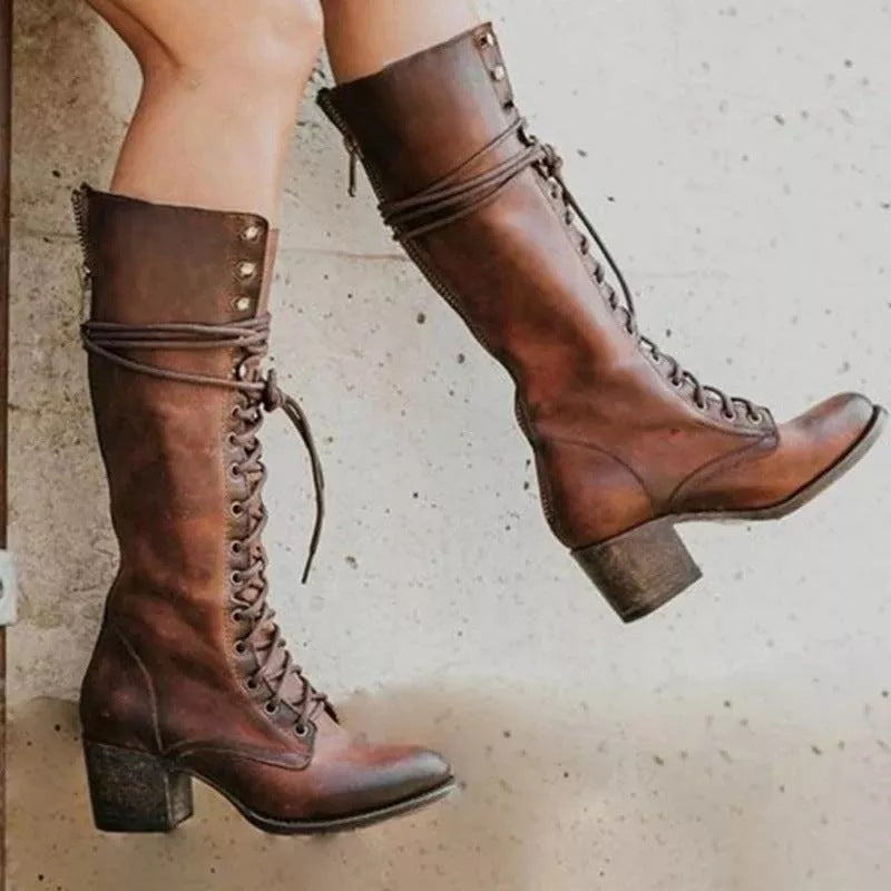 Isla | Womens Lace Up Block Heel Knee High Boots - 1