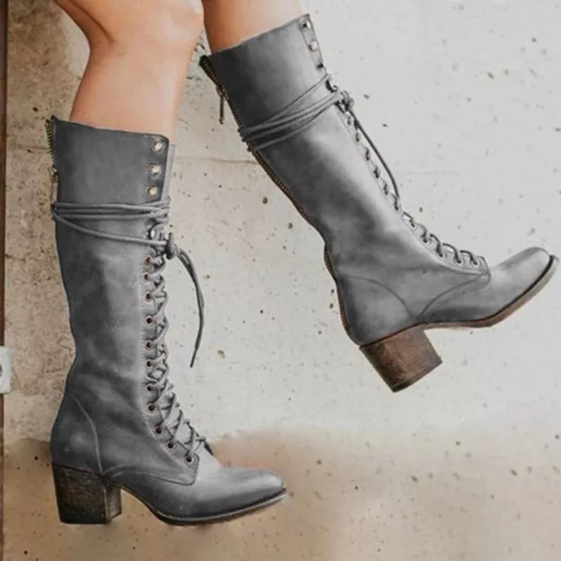 Isla | Womens Lace Up Block Heel Knee High Boots - 3