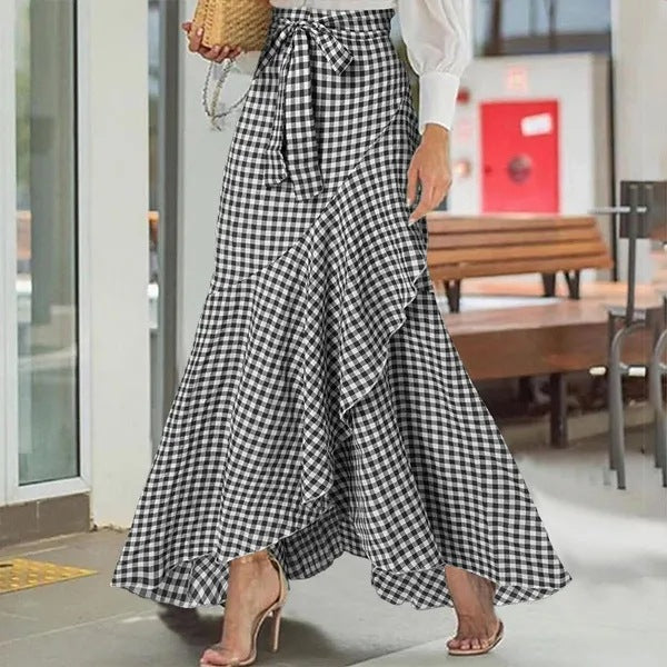 Isolde | Womens Plaid High Waisted Ruffle Mermaid Maxi Skirt - 3
