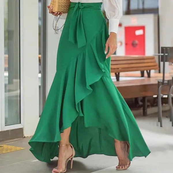 Isolde | Womens Plaid High Waisted Ruffle Mermaid Maxi Skirt - Green